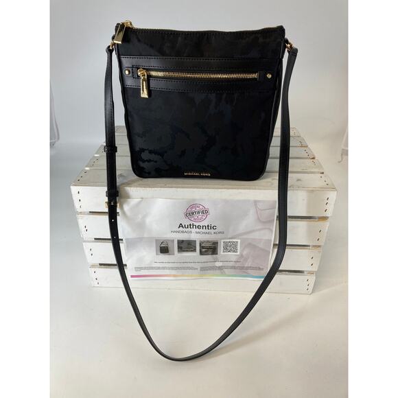 MICHAEL KORS, MEDIUM BLACK NYLON ANIMAL PRINT CROSSBODY BAG - Picture 2 of 12